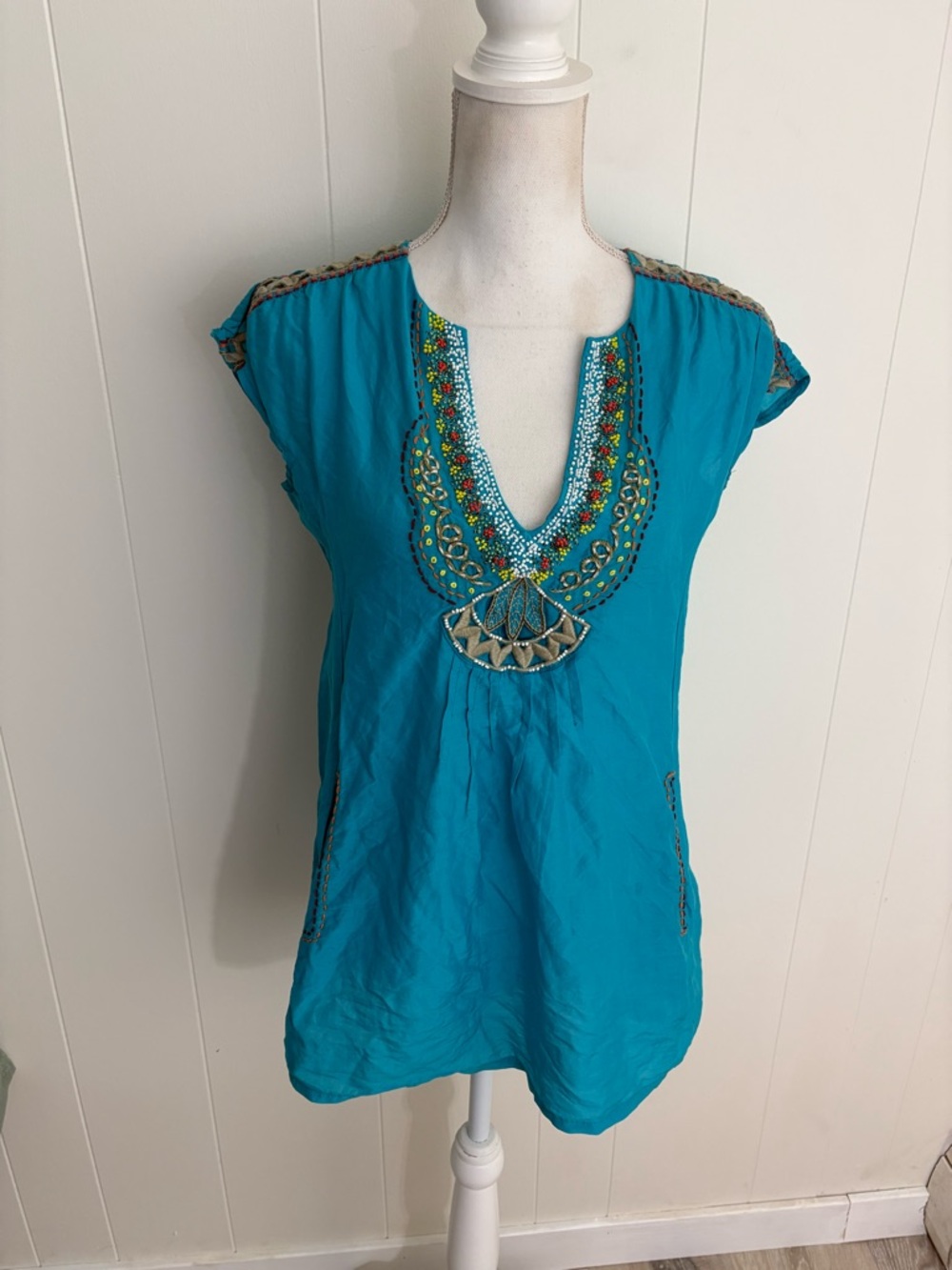 Nanette Lepore Turquoise Embroidered V-Neck Tunic